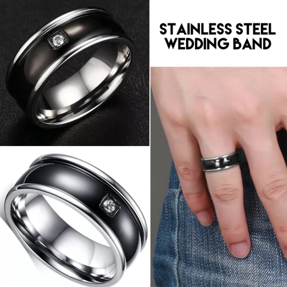 3-$15 Two Tone Steel Bezel CZ Diamond Wedding Band Ring